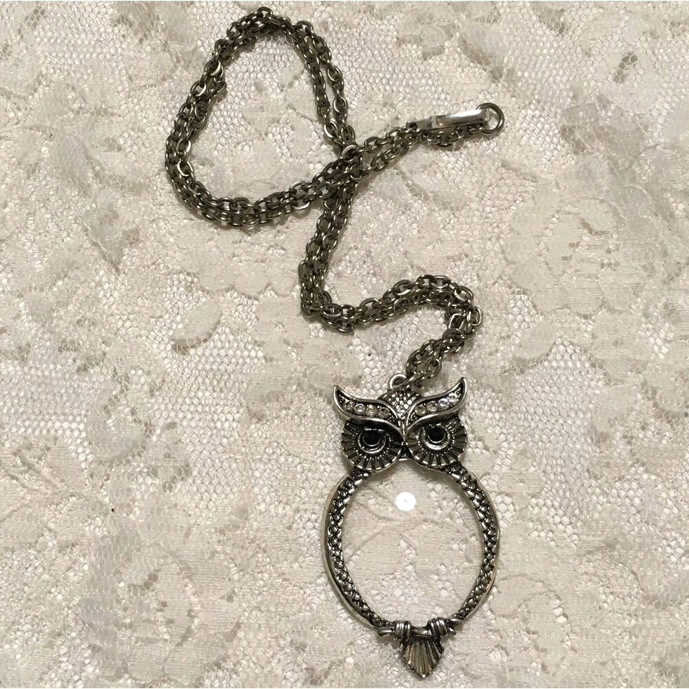 Owl Magnifying Glass Pendant Necklace Silver Tone Charm Delicate Statement - Picture 2 of 7